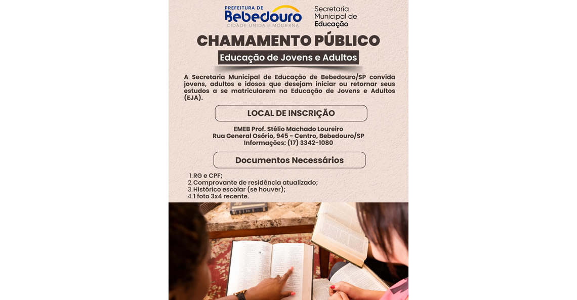 SEMEB tem inscrições abertas para Educação de Jovens e Adultos (EJA)